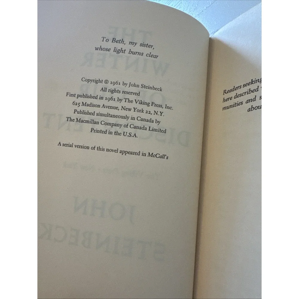 First Edition The Winter‎ of Our Discontent by John Steinbeck, 1961, hardcover